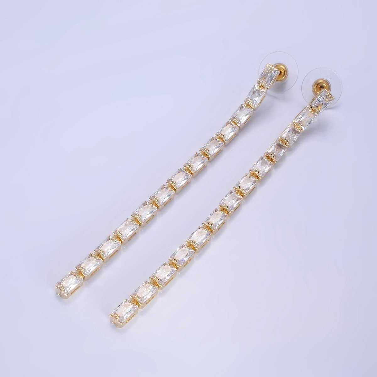 14K Gold Filled 100mm Clear Baguette CZ Drop Stud Earrings in Gold & Silver | AE497 AE498 - DLUXCA