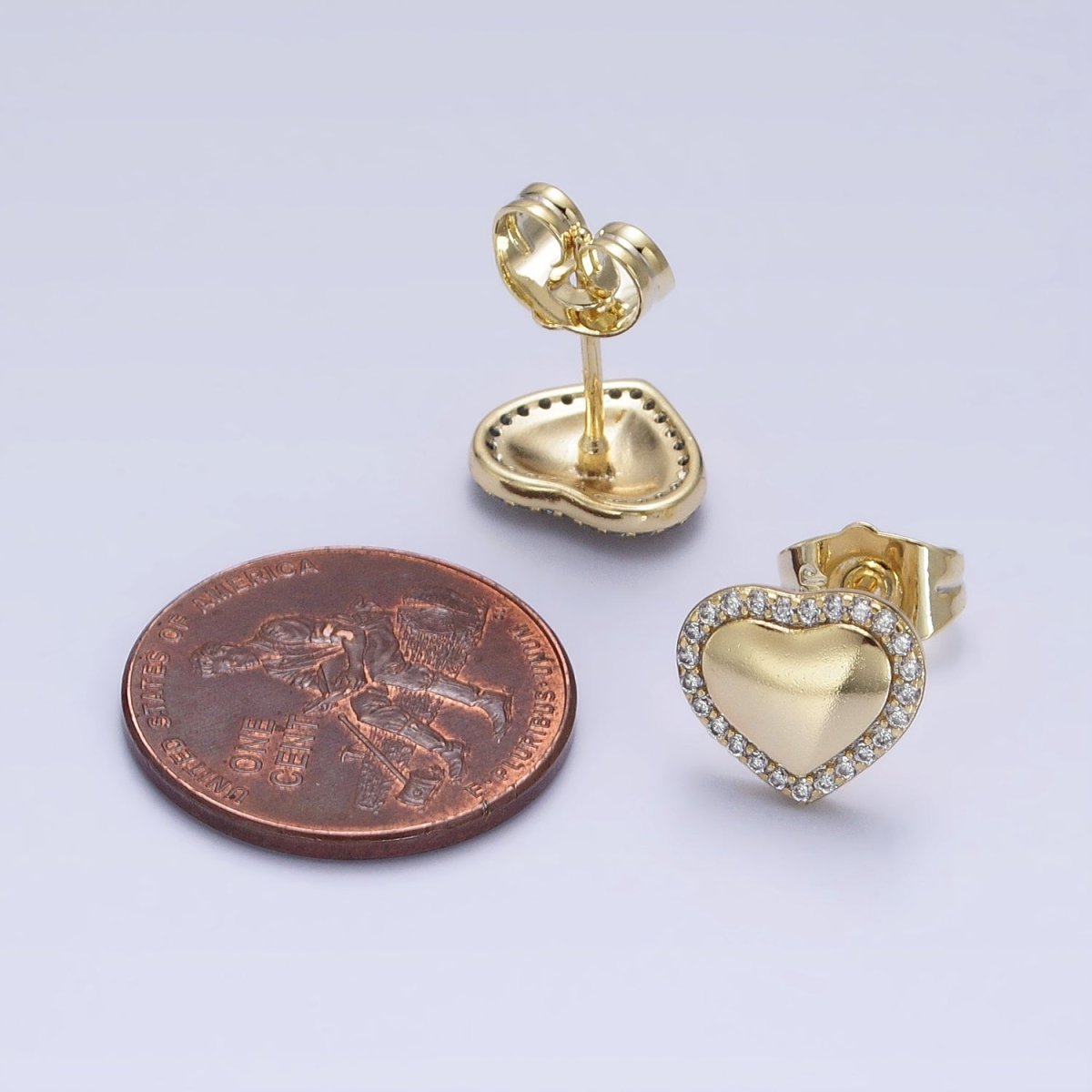 14K Gold Filled 10.5mm Golden Heart Micro Paved CZ Stud Earrings | AD1446 - DLUXCA