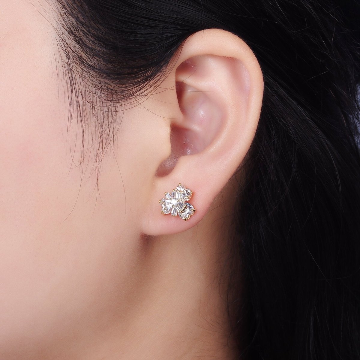 14K Gold Filled 10mm Flower Nature Clear CZ Baguette Stud Earrings | V266 - DLUXCA
