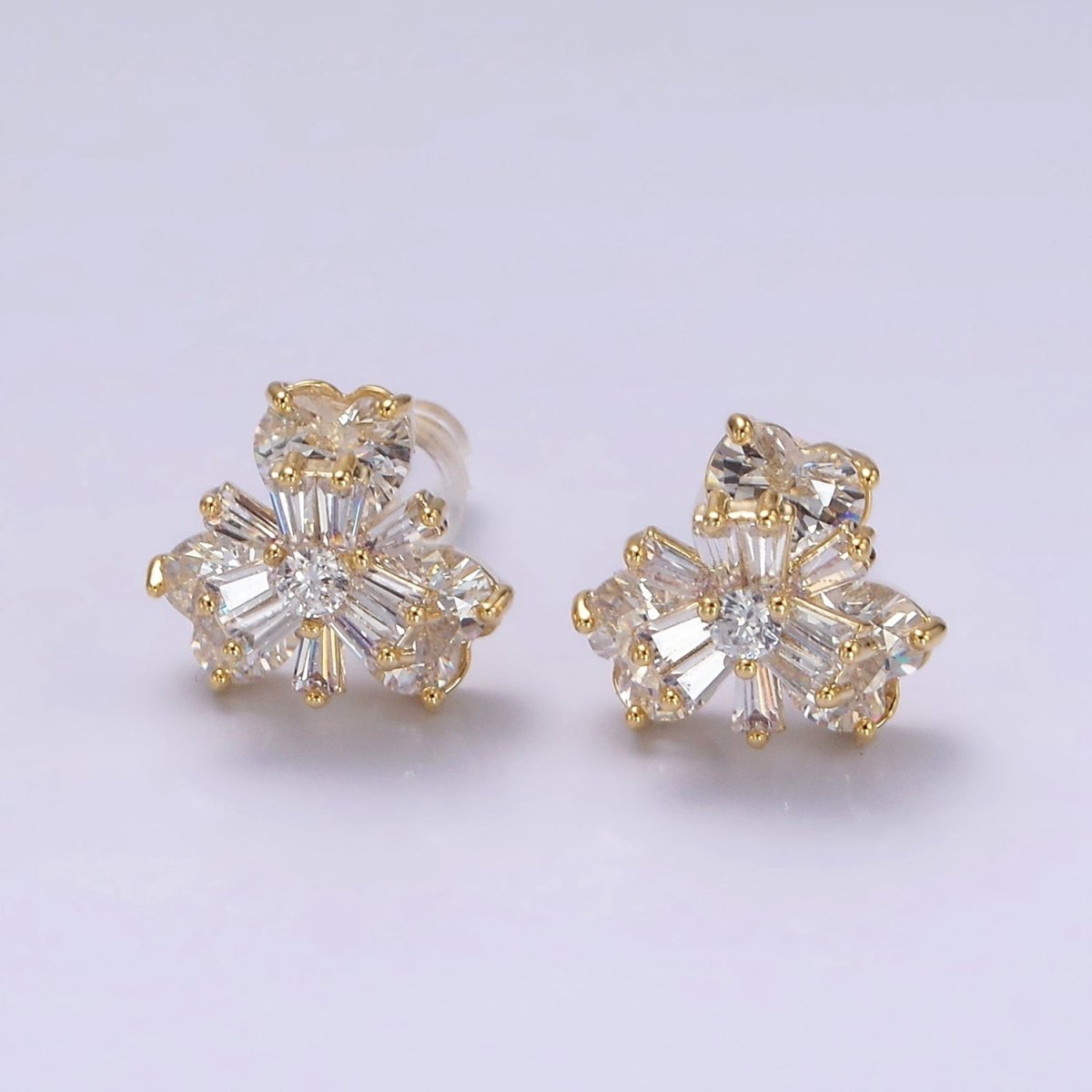 14K Gold Filled 10mm Flower Nature Clear CZ Baguette Stud Earrings | V266 - DLUXCA