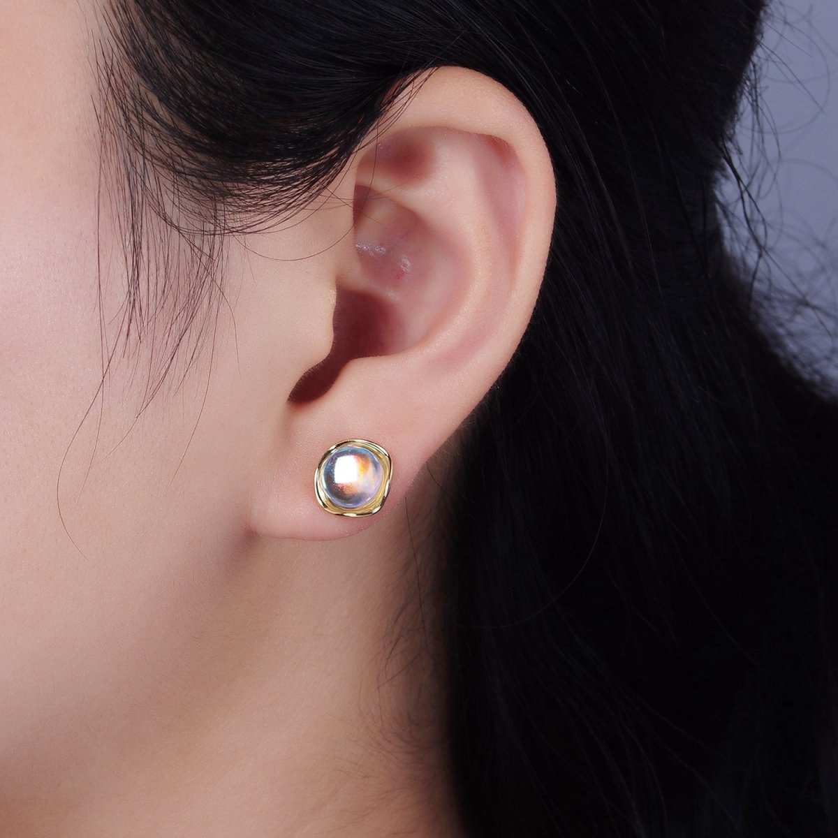 14K Gold Filled 10mm Iridescent CZ Rounded Square Bezel Stud Earrings | V314 - DLUXCA