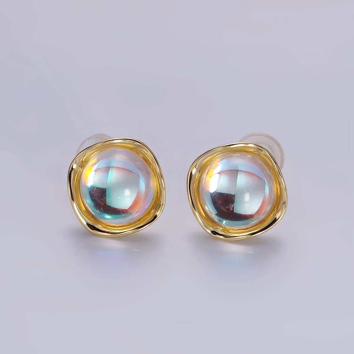 14K Gold Filled 10mm Iridescent CZ Rounded Square Bezel Stud Earrings | V314 - DLUXCA