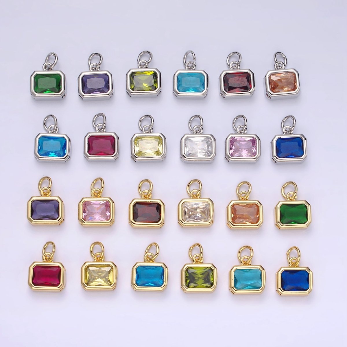 14K Gold Filled 10mm Personalized Birthstone Baguette Cubic Zirconia CZ Bezel Charm in Silver & Gold | N1600 - N1623 - DLUXCA