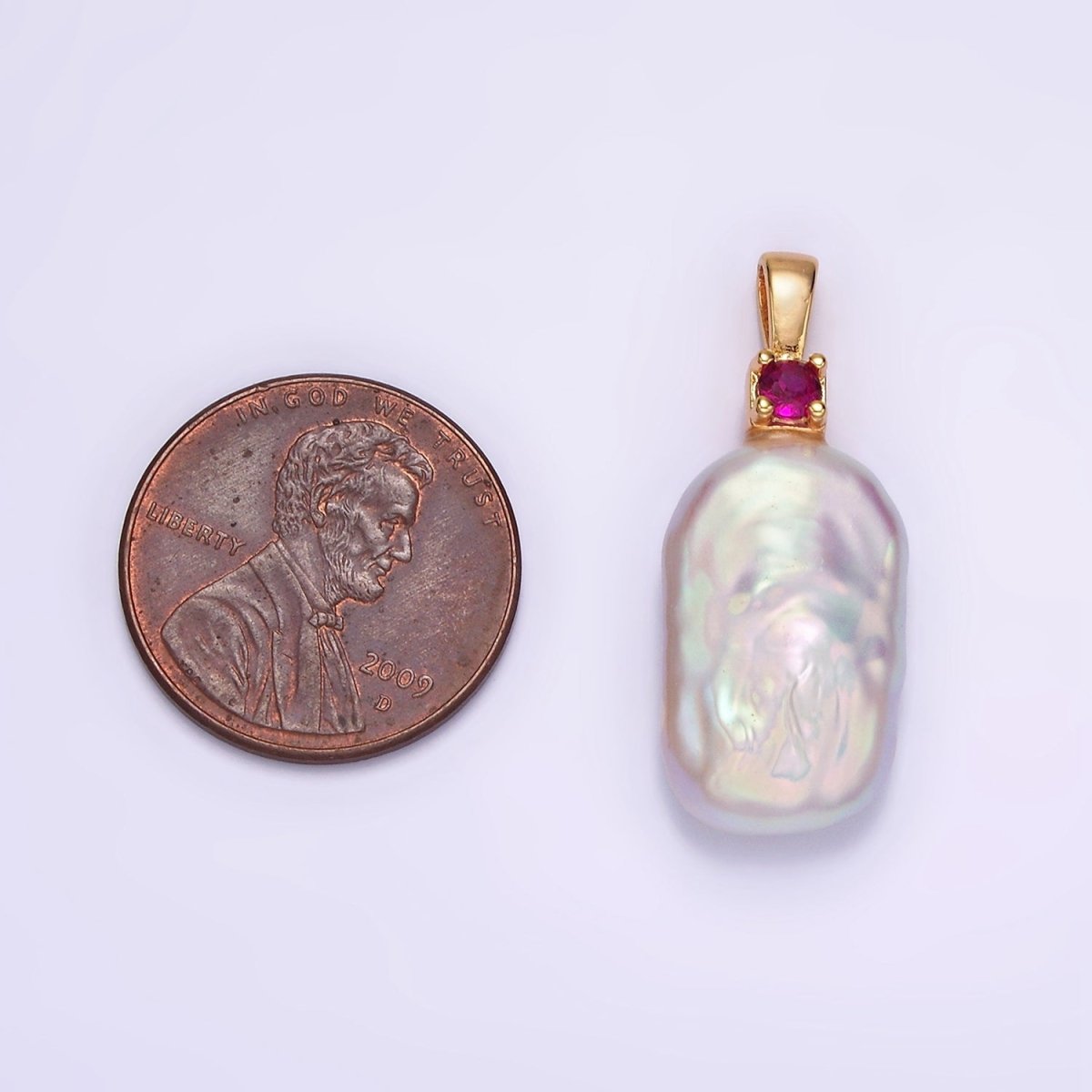 14K Gold Filled 10mm White Rectangular Biwa Freshwater Pearl Green, Pink, Clear, Fuchsia CZ Pendant | P1600 - P1603 - DLUXCA