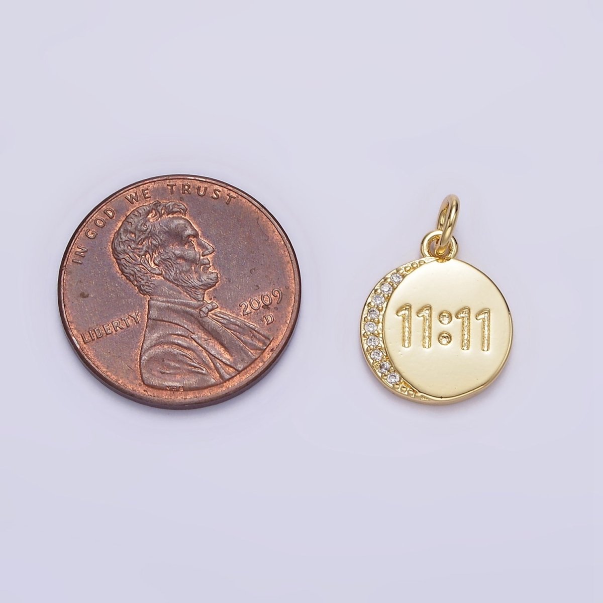 14K Gold Filled "11:11" Number Engraved Micro Paved CZ Crescent Moon Round Charm | N-937 - DLUXCA