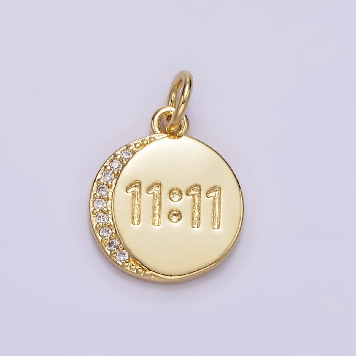 14K Gold Filled "11:11" Number Engraved Micro Paved CZ Crescent Moon Round Charm | N-937 - DLUXCA
