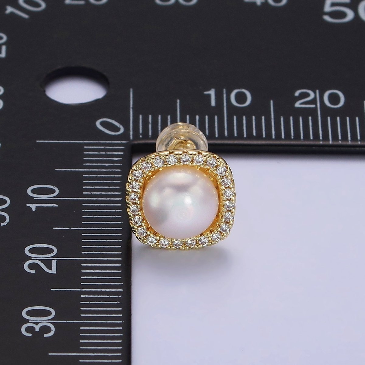 14K Gold Filled 11mm Pearl Clear Micro Paved CZ Rounded Square Stud Earrings | AE750 - DLUXCA
