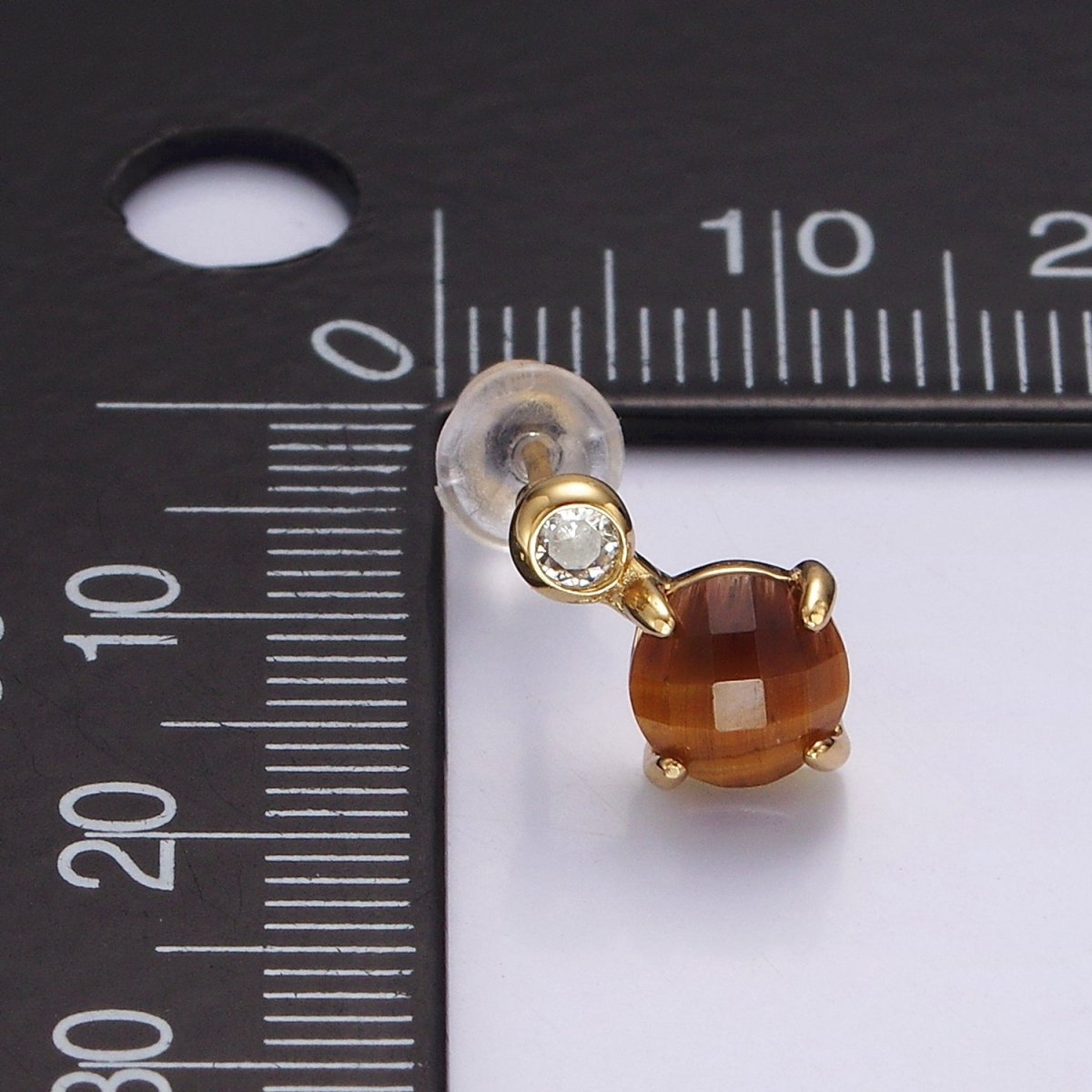 14K Gold Filled 11mm Tiger Eye, Black Agate Multifaceted Round CZ Drop Stud Earrings | V-046 - V-048 - DLUXCA