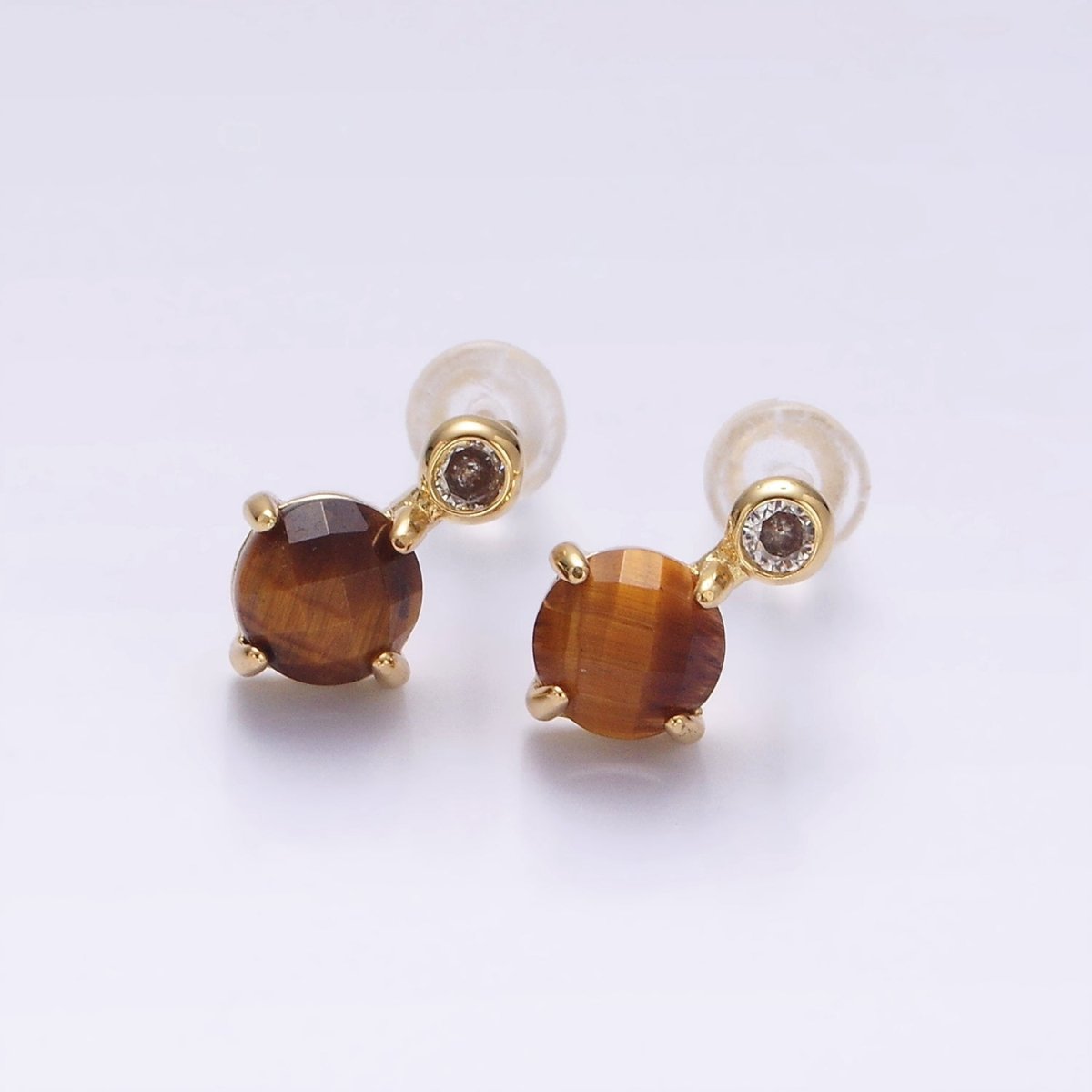 14K Gold Filled 11mm Tiger Eye, Black Agate Multifaceted Round CZ Drop Stud Earrings | V-046 - V-048 - DLUXCA