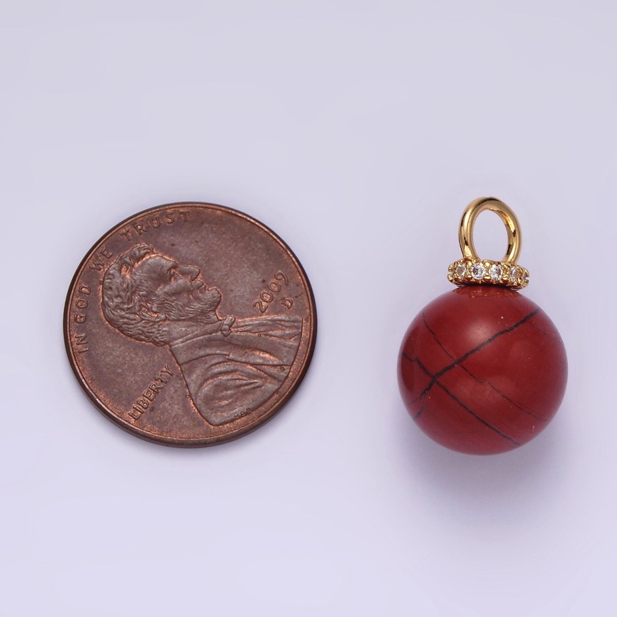 14K Gold Filled 12.5mm Red Jasper Round Sphere Ball Gemstone Micro Paved CZ Pendant | AG449 - DLUXCA