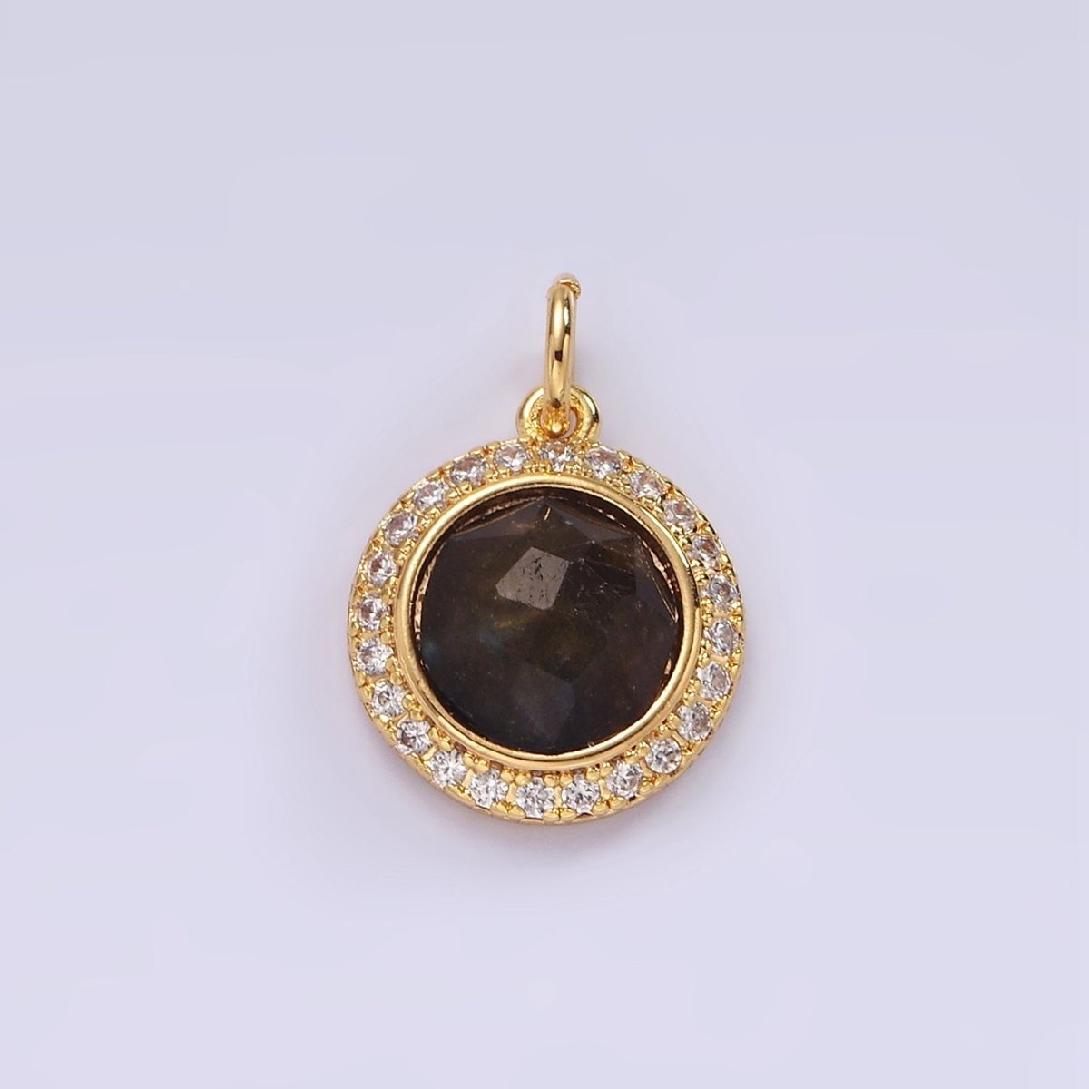 14K Gold Filled 12mm Natural Gemstone Multifaceted Micro Paved CZ Round Charm | AG462 - AG470 - DLUXCA