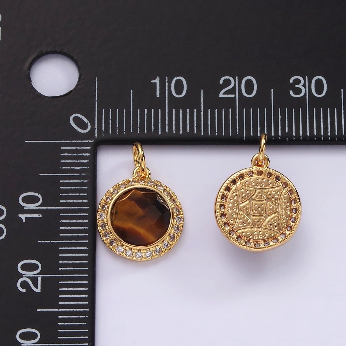 14K Gold Filled 12mm Natural Gemstone Multifaceted Micro Paved CZ Round Charm | AG462 - AG470 - DLUXCA