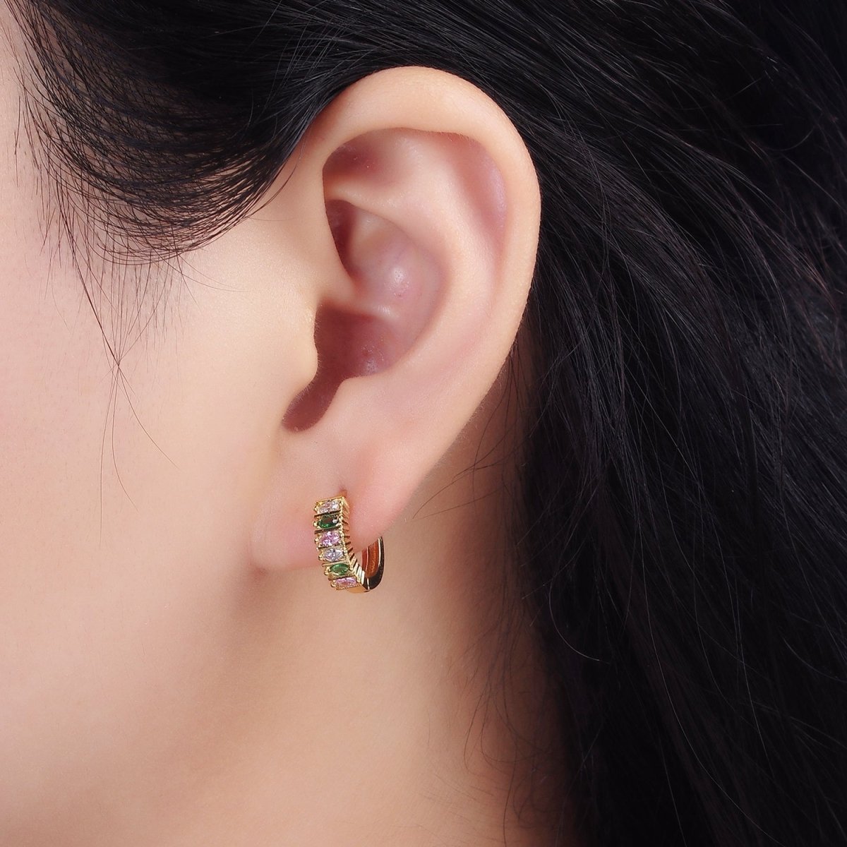 14K Gold Filled 13mm Multicolor Marquise CZ Lined Huggie Earrings | V086 - DLUXCA