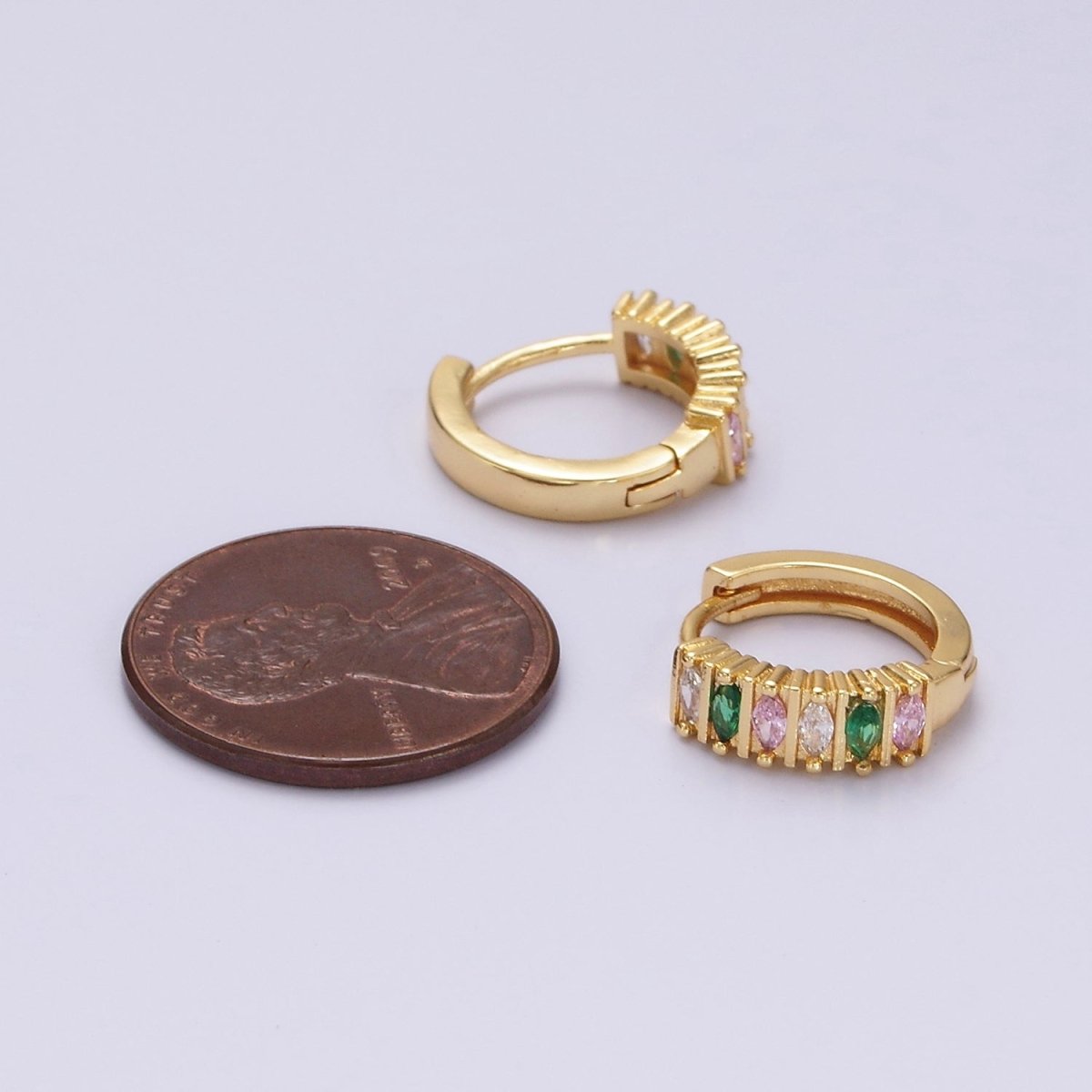 14K Gold Filled 13mm Multicolor Marquise CZ Lined Huggie Earrings | V086 - DLUXCA