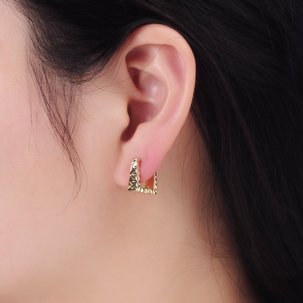 14K Gold Filled 13mm Triangle Hammered Square Huggie Earrings | AB1266 - DLUXCA