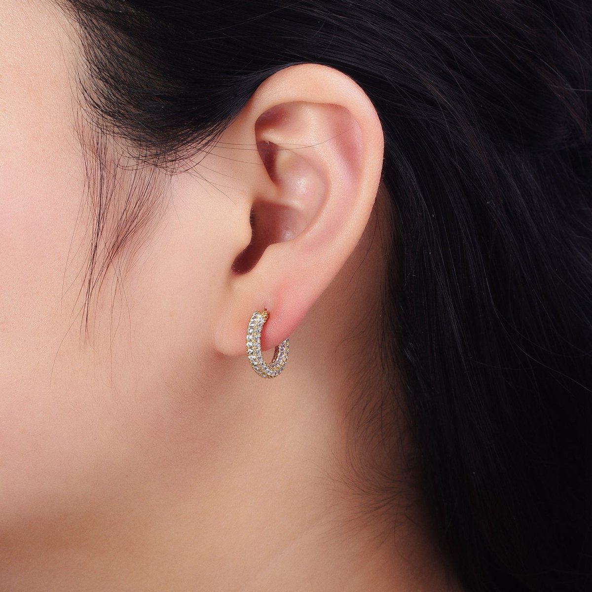 14K Gold Filled 14.5mm Micro Paved CZ Endless Hoop Huggie Earrings | AD1388 - DLUXCA