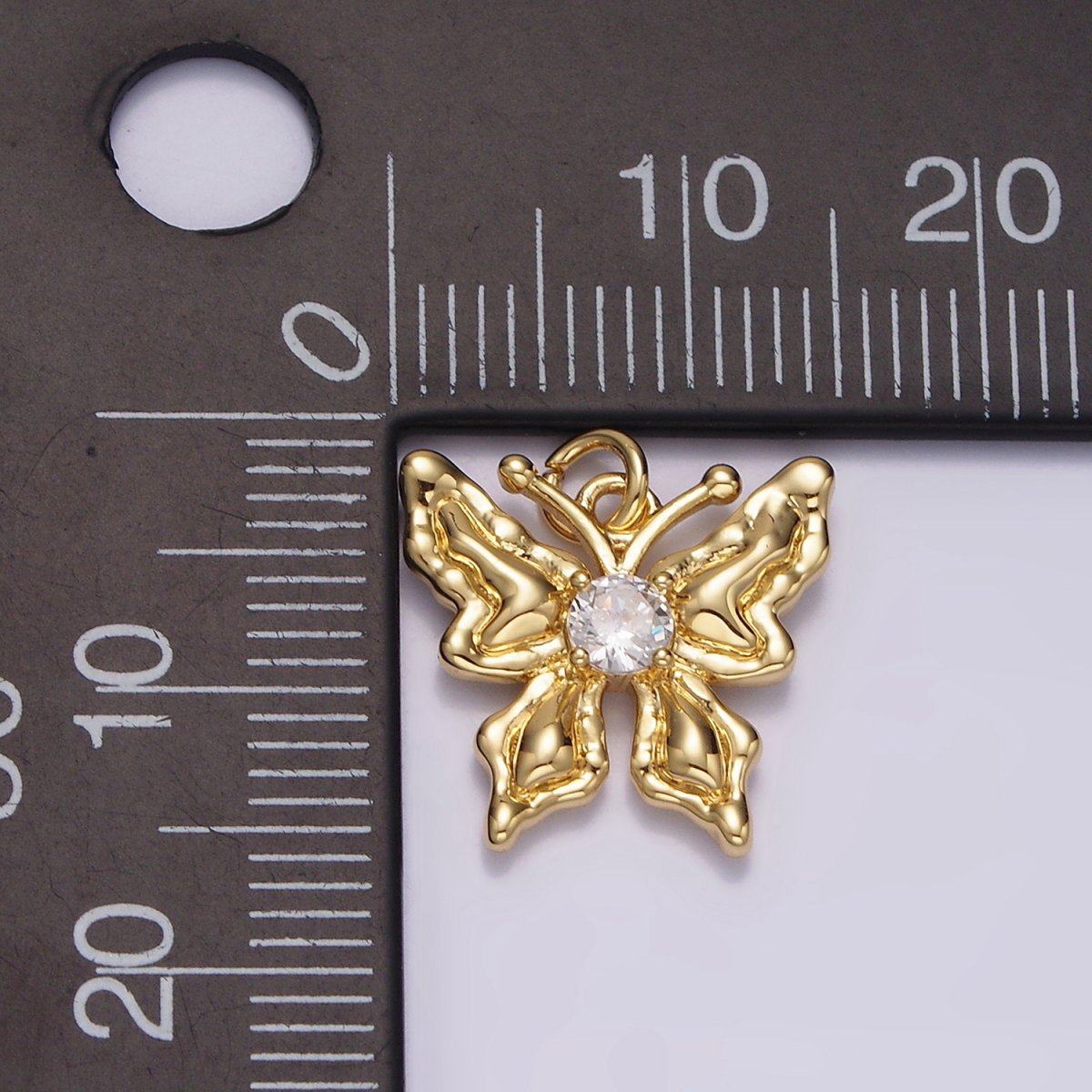14K Gold Filled 14mm Clear Round CZ Hammered Antenna Butterfly Charm | N1494 - DLUXCA