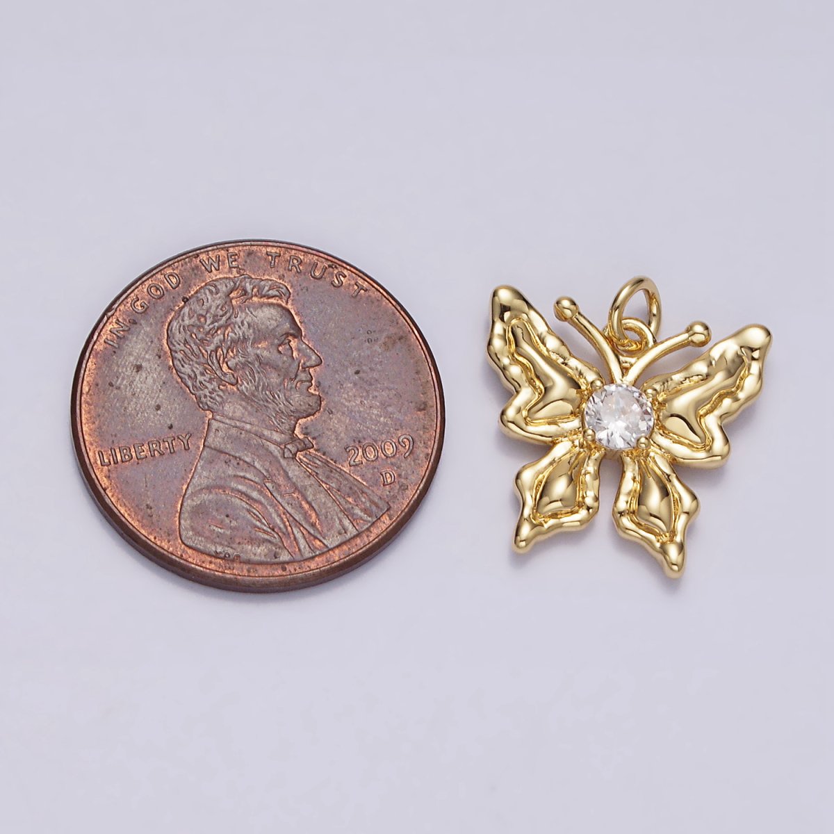 14K Gold Filled 14mm Clear Round CZ Hammered Antenna Butterfly Charm | N1494 - DLUXCA
