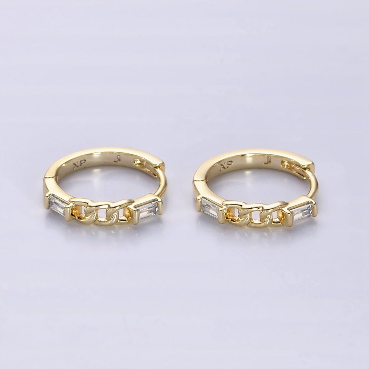 14K Gold Filled 14mm Double Baguette Curb Link Huggie Earrings | AE588 - DLUXCA