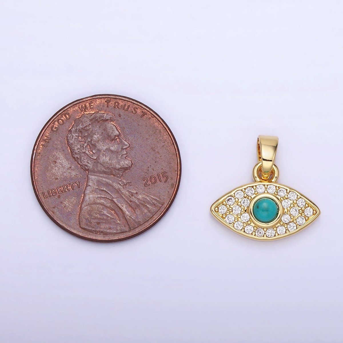 14K Gold Filled 14mm Turquoise Micro Paved CZ Evil Eye Pendant in Gold & Silver | AA1249 - DLUXCA