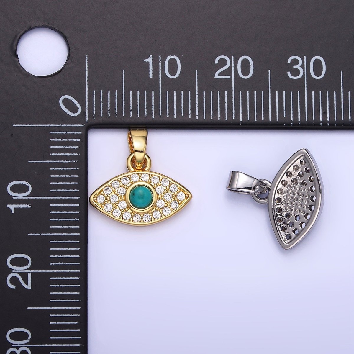 14K Gold Filled 14mm Turquoise Micro Paved CZ Evil Eye Pendant in Gold & Silver | AA1249 - DLUXCA