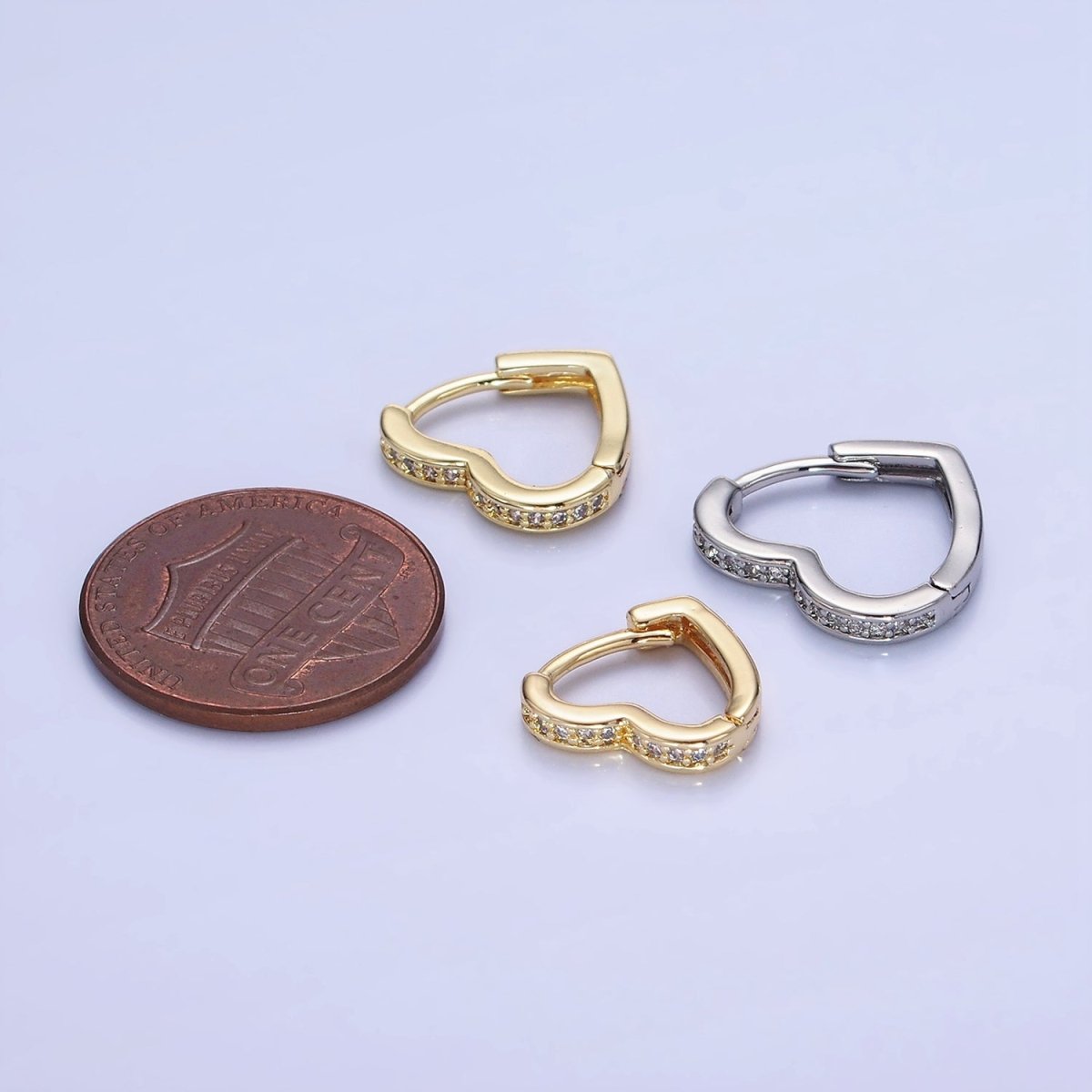 14K Gold Filled 15mm, 14mm Micro Paved CZ Heart Huggie Earrings in Gold & Silver | AB1355 - AB1357 - DLUXCA