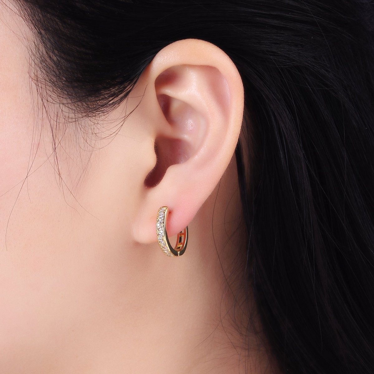 14K Gold Filled 15mm Baguette CZ Huggie Earrings | AB1323 - DLUXCA