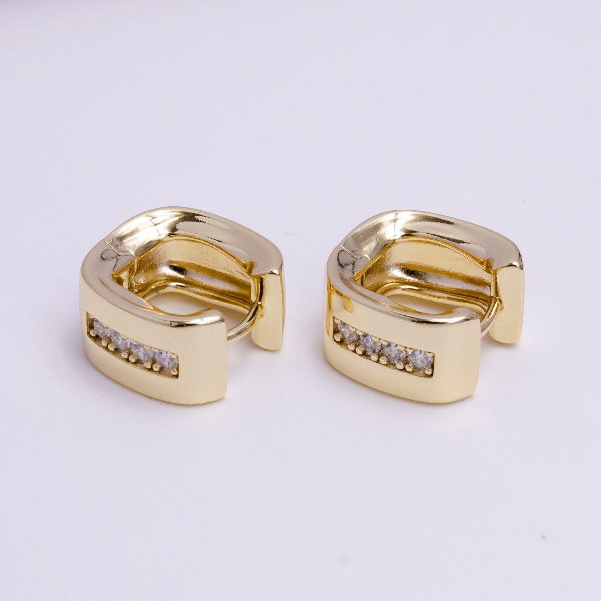 14K Gold Filled 15mm Clear CZ Lined Curve-Edged Wide Square Huggie Hoop Earrings | Y-927 - DLUXCA