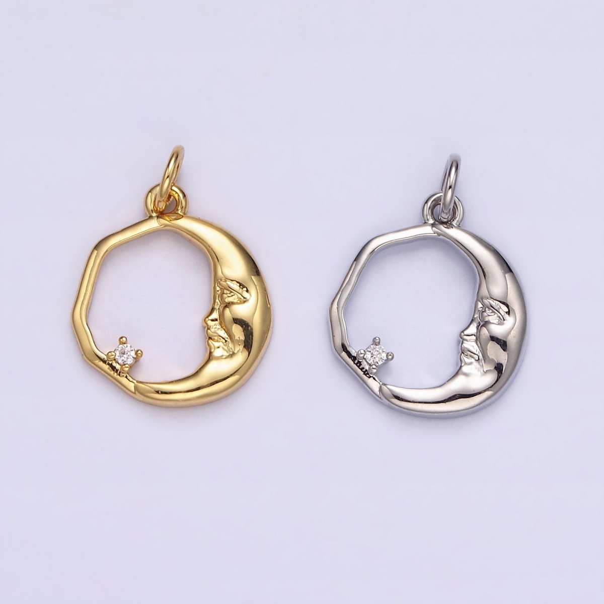 14K Gold Filled 15mm Clear CZ Open Crescent Moon Face Abstract Round Charm in Gold & Silver | N1114 N1115 - DLUXCA