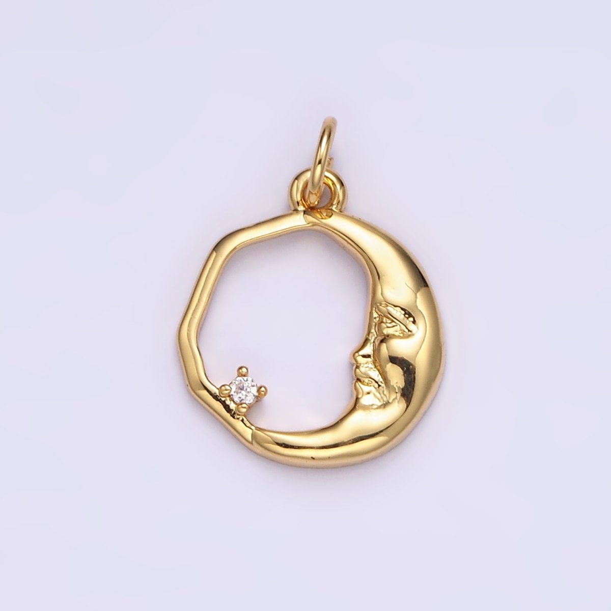 14K Gold Filled 15mm Clear CZ Open Crescent Moon Face Abstract Round Charm in Gold & Silver | N1114 N1115 - DLUXCA