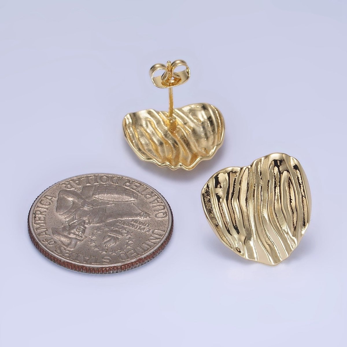 14K Gold Filled 15mm Hammered Foil Heart Stud Earrings in Gold & Silver | AB1286 AB1287 - DLUXCA