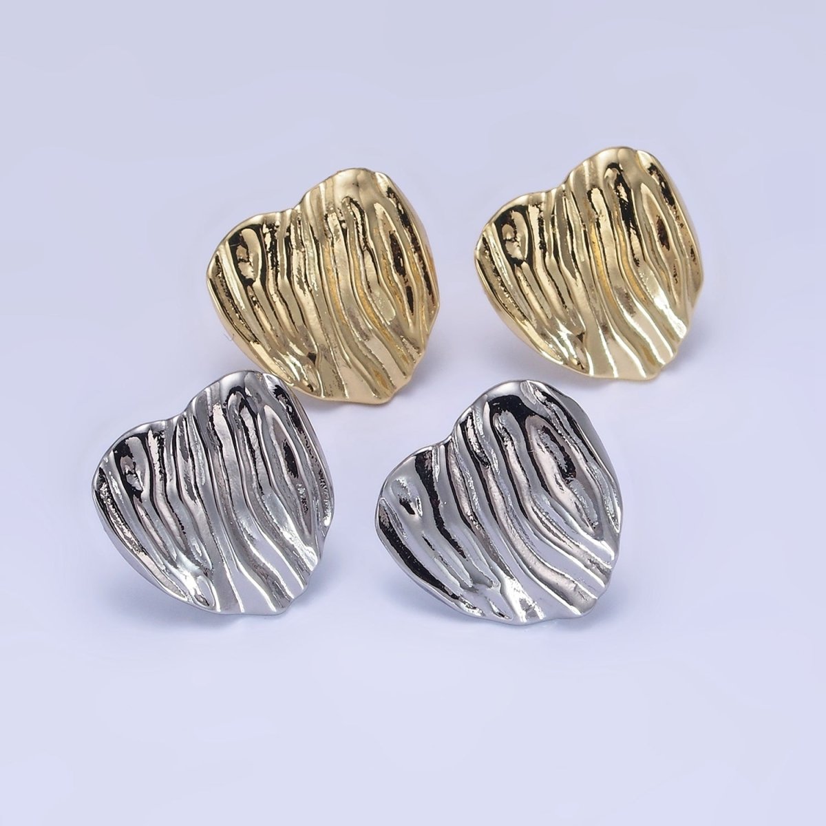 14K Gold Filled 15mm Hammered Foil Heart Stud Earrings in Gold & Silver | AB1286 AB1287 - DLUXCA