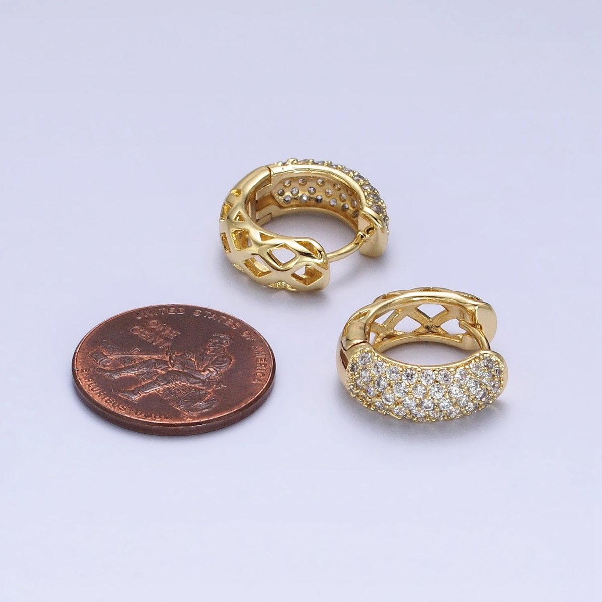 14K Gold Filled 15mm Micro Paved CZ Rhombus Filigree Huggie Earrings | AD1527 - DLUXCA