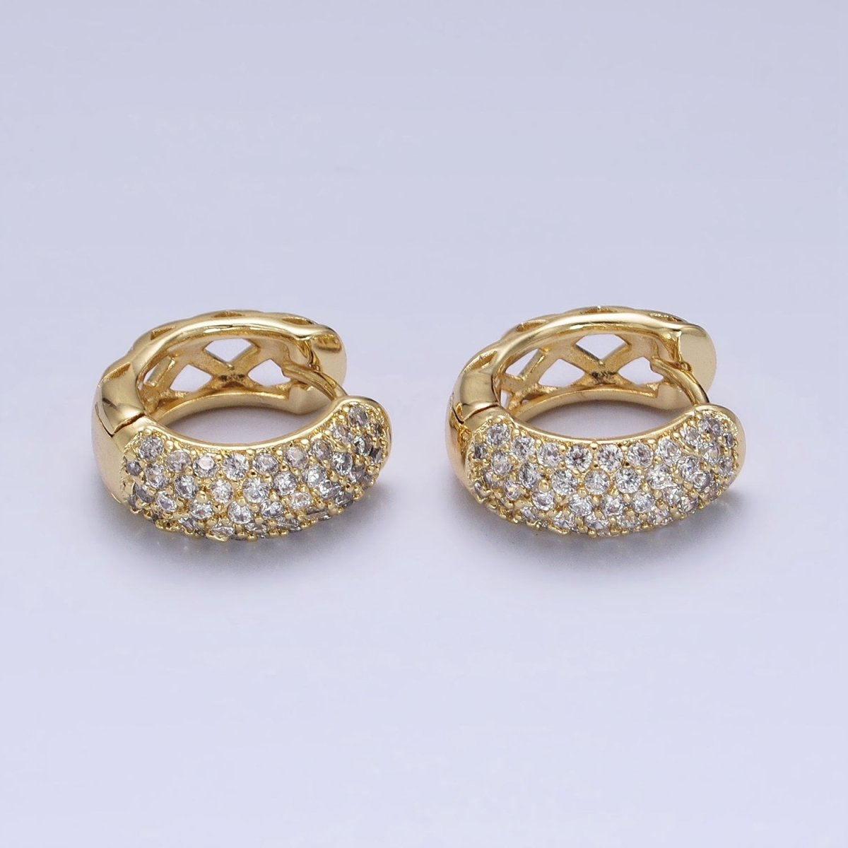 14K Gold Filled 15mm Micro Paved CZ Rhombus Filigree Huggie Earrings | AD1527 - DLUXCA