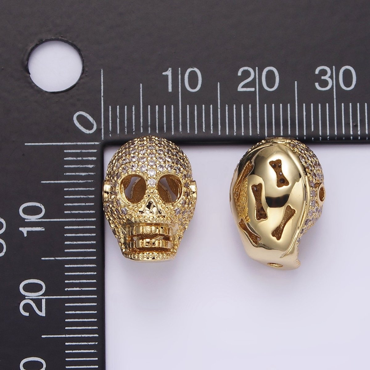 14K Gold Filled 16mm Clear Micro Paved CZ Skeleton Skull Mask Bead in Gold & Silver | B-849 B-850 - DLUXCA