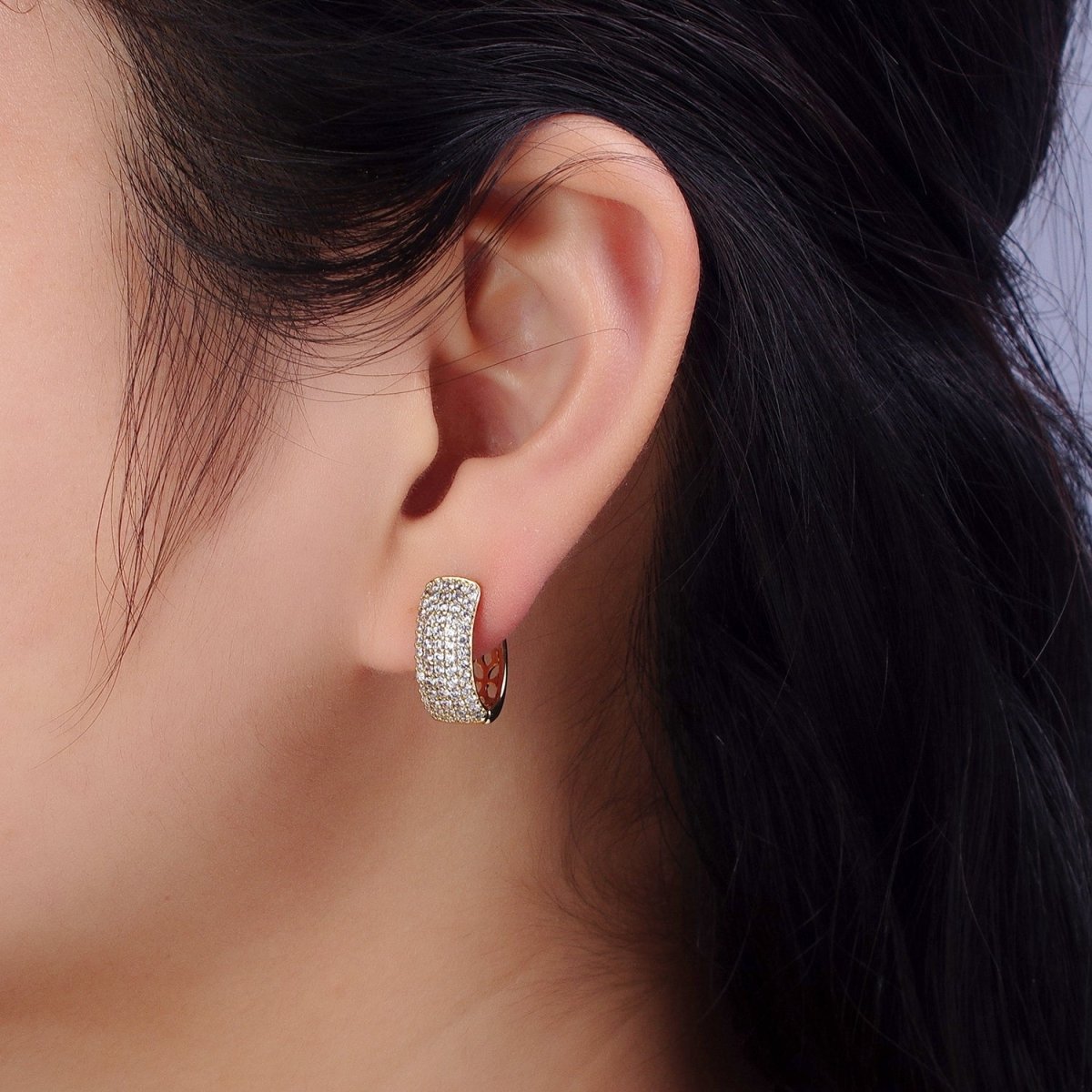 14K Gold Filled 17mm Clear Micro Paved CZ Rounded English Lock Earrings | AB323 - DLUXCA