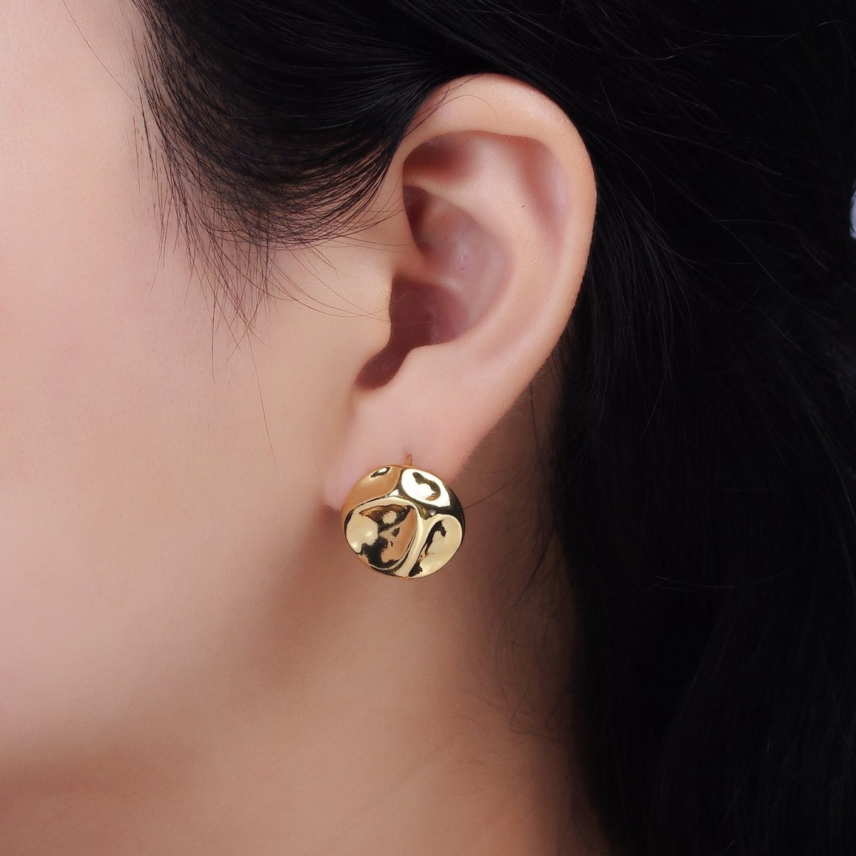 14K Gold Filled 17mm Molten Hammered Round Stud Earrings | V239 - DLUXCA