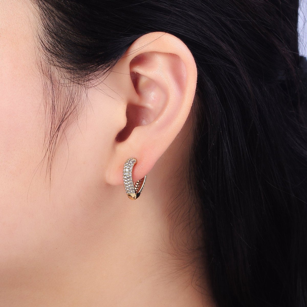 14K Gold Filled 17mm Triangle Micro Paved CZ Huggie Hoop Earrings | AD1445 - DLUXCA