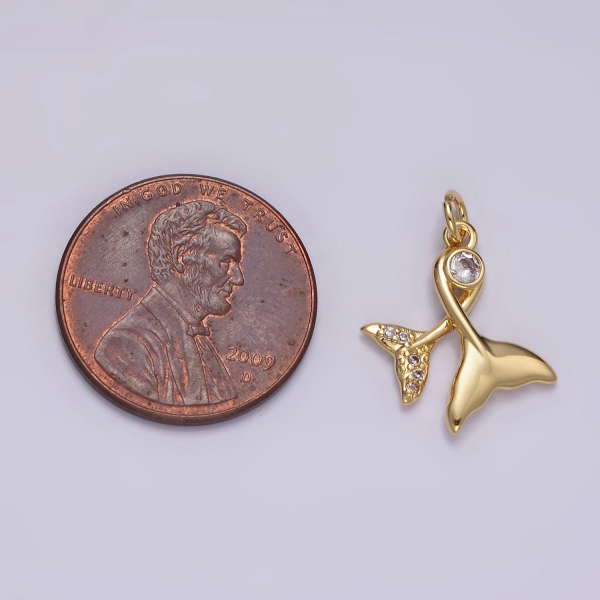 14K Gold Filled 18mm Clear CZ Double Mermaid Ocean Micro Paved Tail Charm | N1488 - DLUXCA