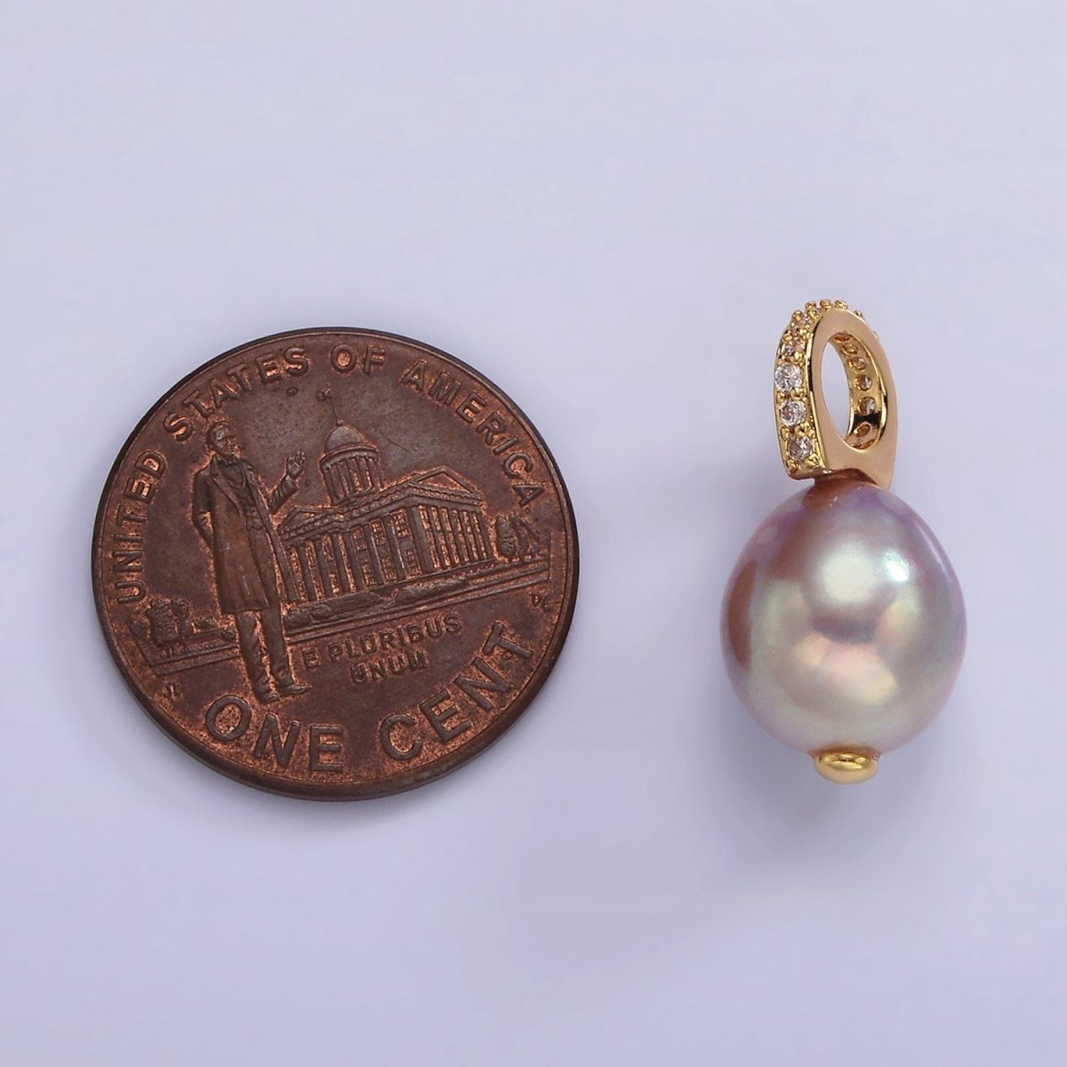 14K Gold Filled 19.5mm Pink, Purple Pearl Button Drop Micro Paved CZ Pendant | P1643 - DLUXCA