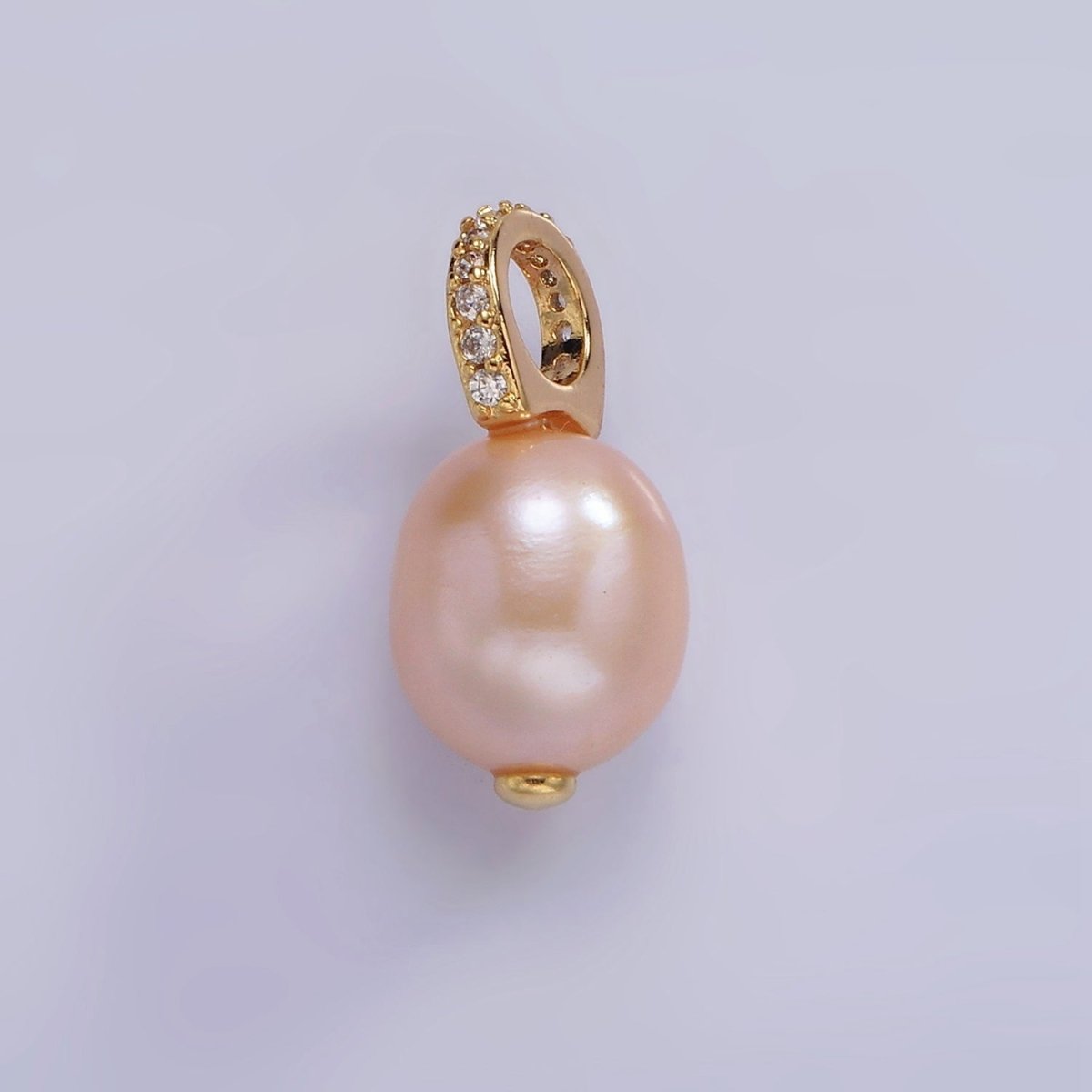14K Gold Filled 19.5mm Pink, Purple Pearl Button Drop Micro Paved CZ Pendant | P1643 - DLUXCA