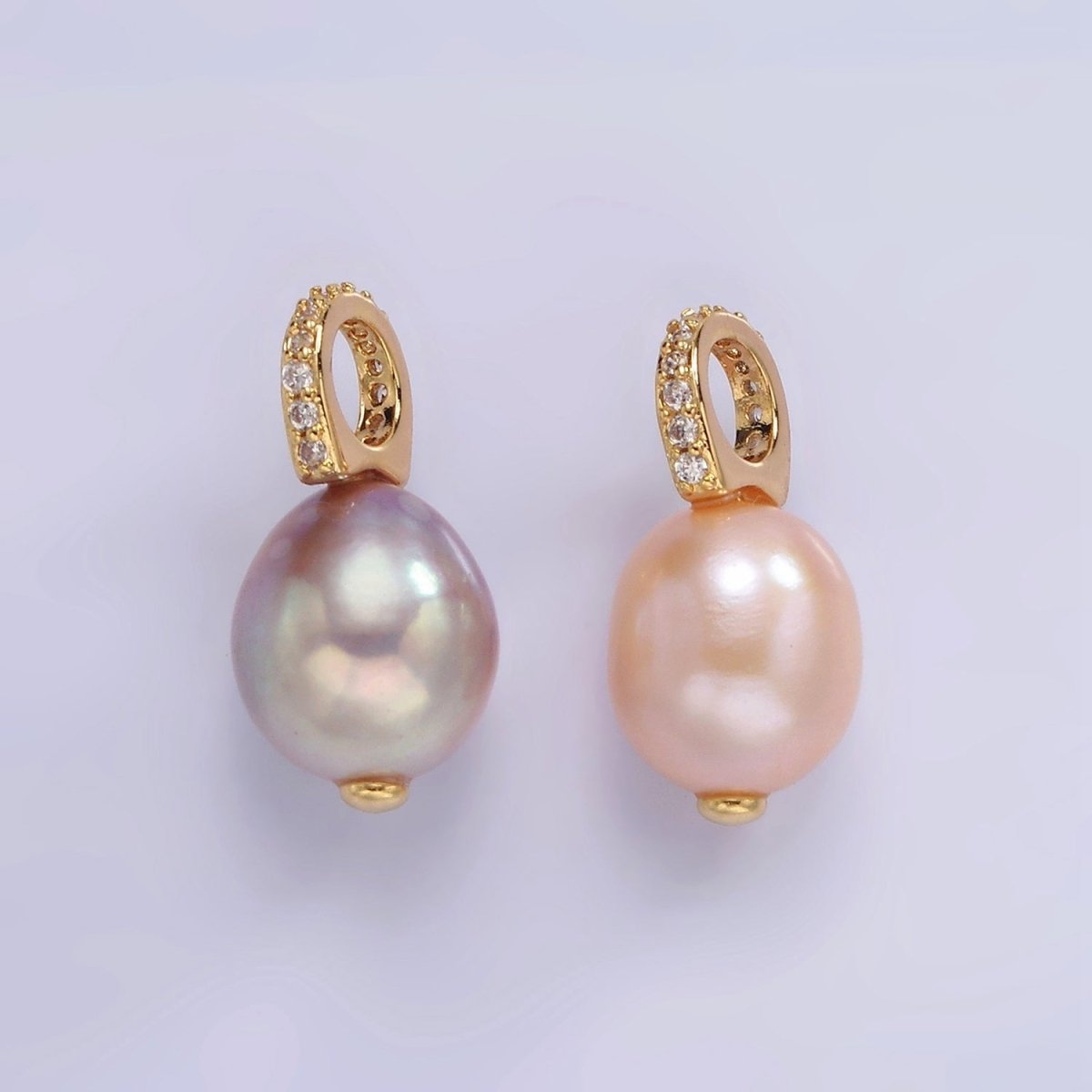 14K Gold Filled 19.5mm Pink, Purple Pearl Button Drop Micro Paved CZ Pendant | P1643 - DLUXCA
