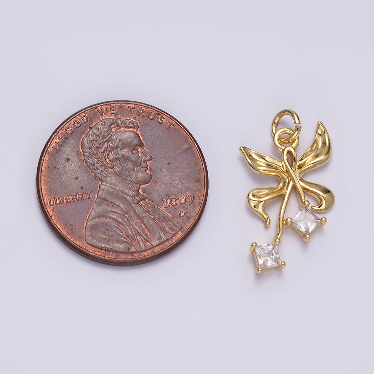 14K Gold Filled 19mm Butterfly Ribbon Double Clear CZ Rhombus Charm | N1487 - DLUXCA