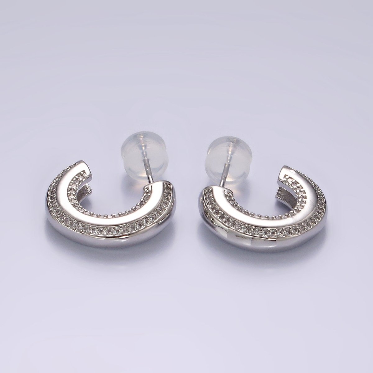 14K Gold Filled 19mm Clear CZ Double Paved Lined C-Shaped Hoop Earrings in Gold & Silver | AE1005 AE1006 - DLUXCA