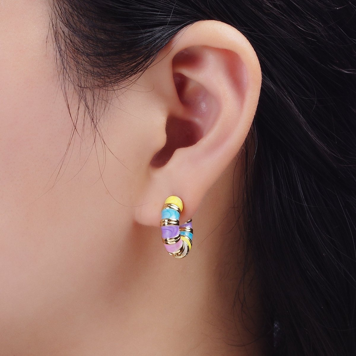 14K Gold Filled 19mm Multicolor Enamel Double Lined Chubby Huggie Earrings | V055 - DLUXCA