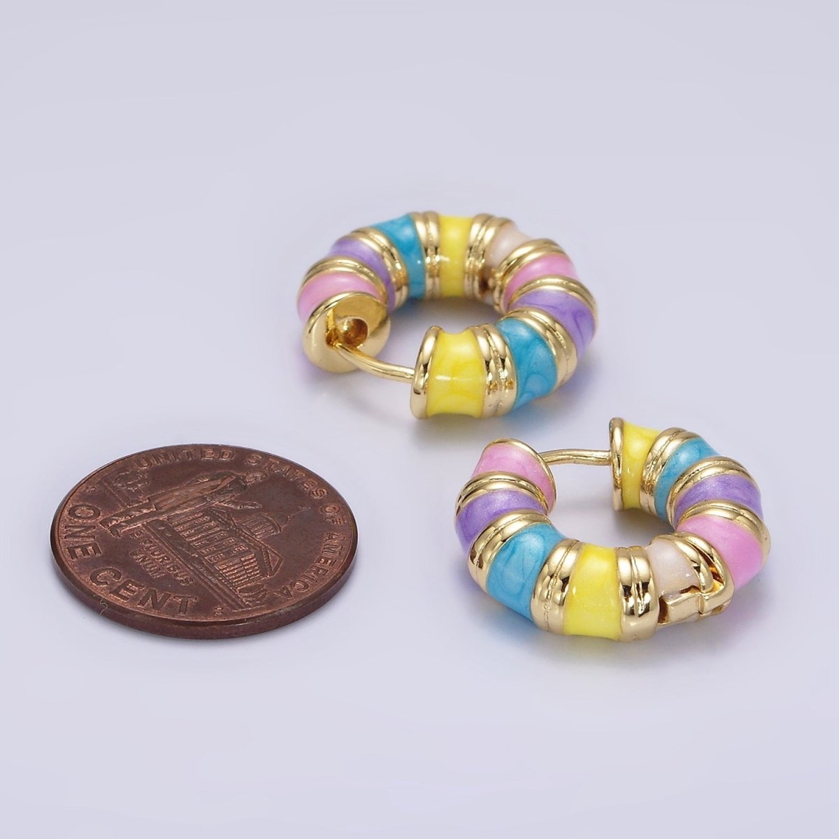 14K Gold Filled 19mm Multicolor Enamel Double Lined Chubby Huggie Earrings | V055 - DLUXCA