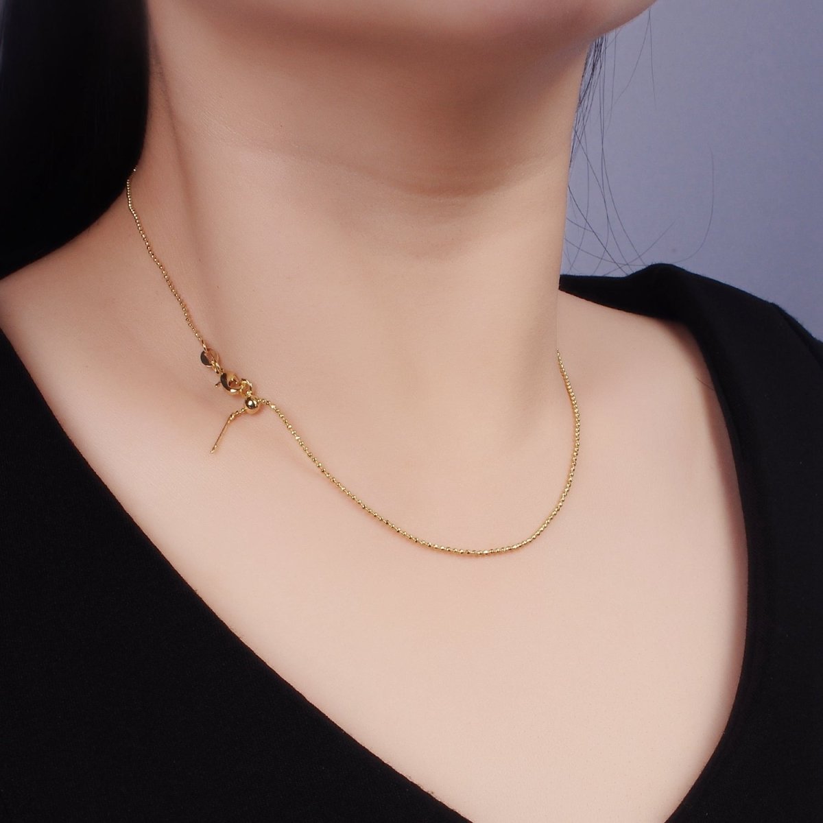 14K Gold Filled 1mm Bead Chain 17.5 Inch Needle Slider Necklace in Gold & Silver | WA-2426 WA-2427 - DLUXCA