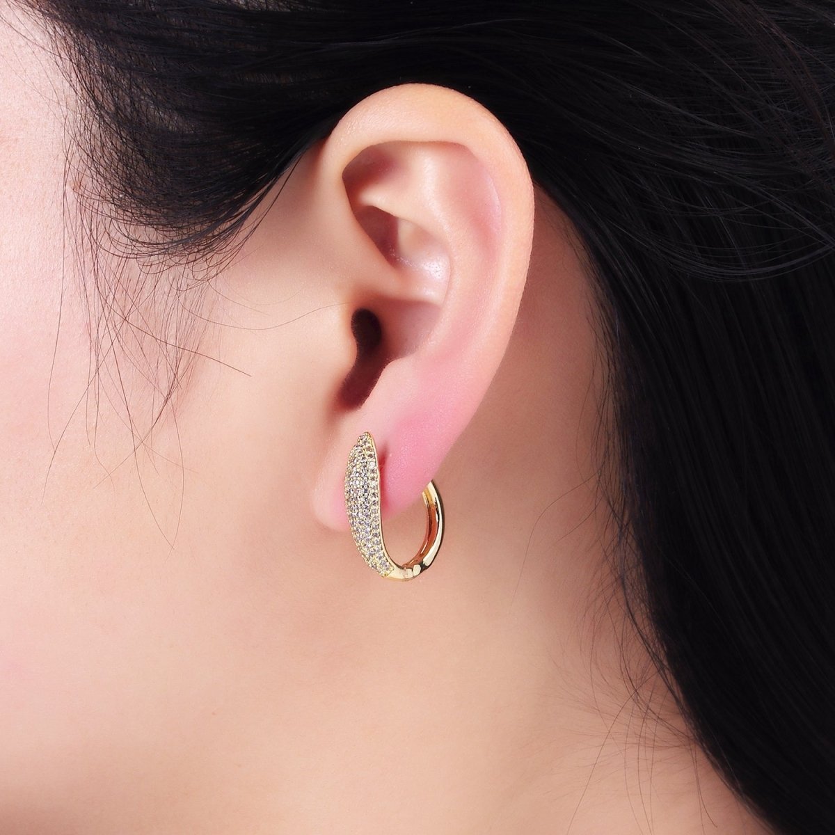 14K Gold Filled 20mm, 18mm, 21mm Micro Paved CZ Bar Huggie Earrings | AB1316 - AB1318 - DLUXCA