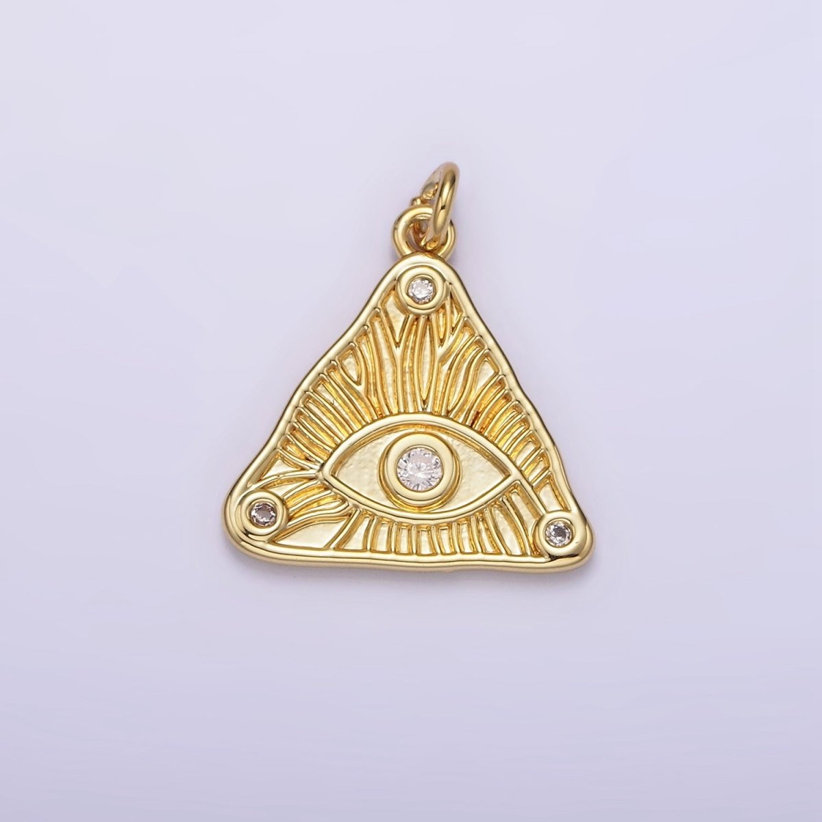 14K Gold Filled 20mm Clear, Multicolor Triple CZ Evil Eye Line-Textured Triangle Charm | AG301 AG302 - DLUXCA