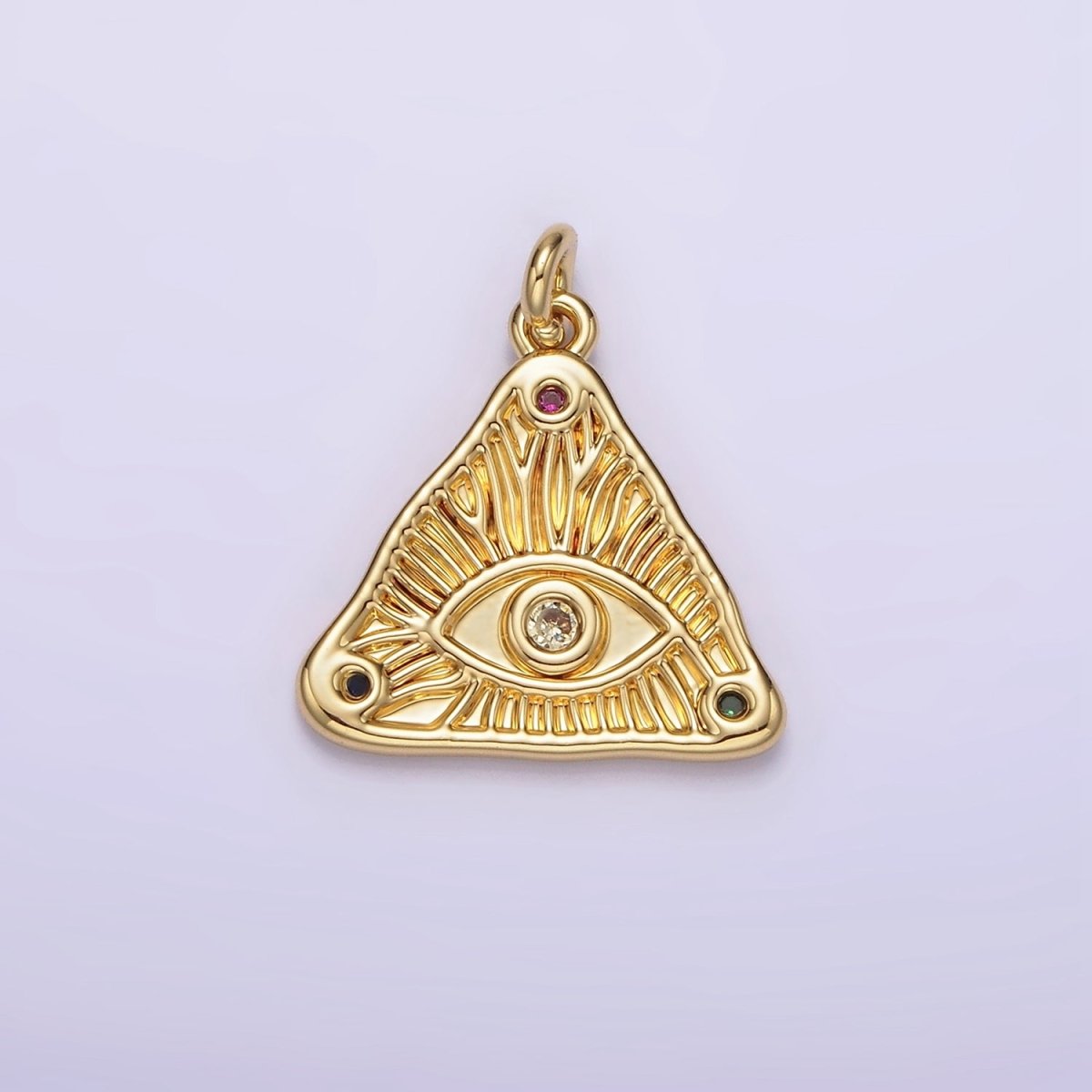 14K Gold Filled 20mm Clear, Multicolor Triple CZ Evil Eye Line-Textured Triangle Charm | AG301 AG302 - DLUXCA